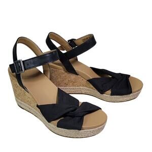 UGG Joslyn Black Leather Platform Wedge Cork Heeled Sandals Womens Size 5 NEW